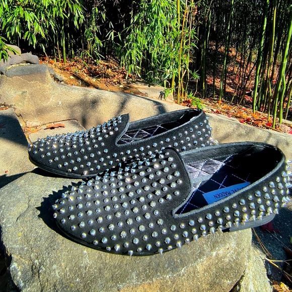 Steve Madden P-Dreemz Black Leather Spike Studded Loafers Men's 7 Women's 9 - Picture 1 of 3
